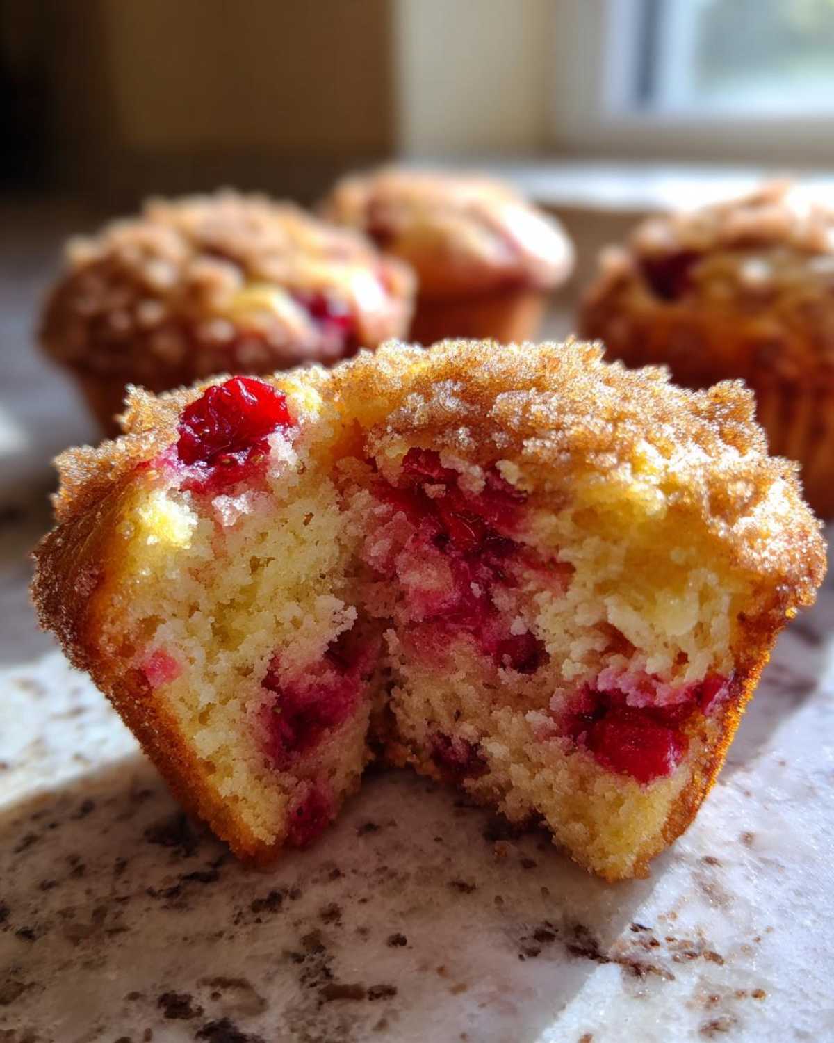 Close-up of a strawberry muffin cut in half, showing moist interior packed with red berries and a sugary crumb topping. Perfect strawberry muffins.