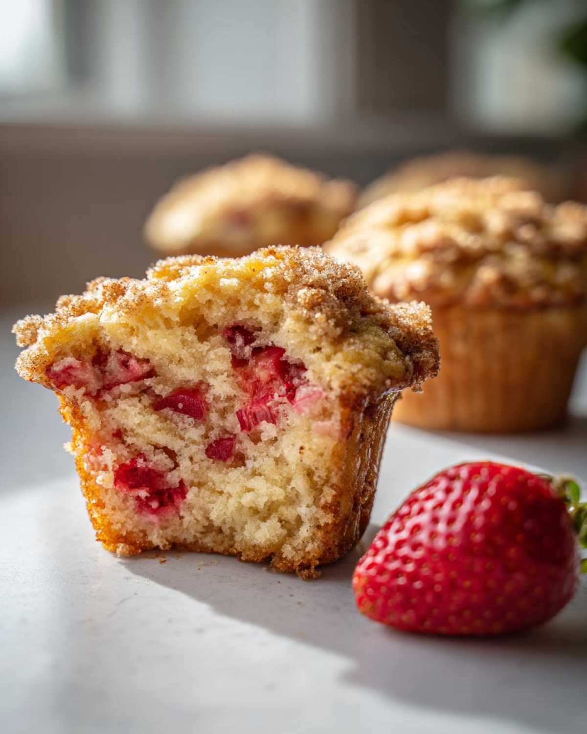 Close-up of a halved strawberry muffin showing moist crumb and chunks of strawberry, next to a fresh strawberry.
