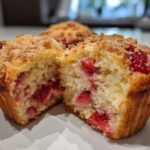 Close-up of a strawberry muffins cut in half, showing moist interior filled with fresh strawberries and a sugary streusel topping.