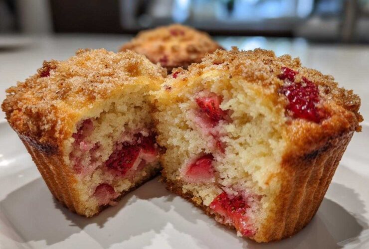 Close-up of a strawberry muffins cut in half, showing moist interior filled with fresh strawberries and a sugary streusel topping.