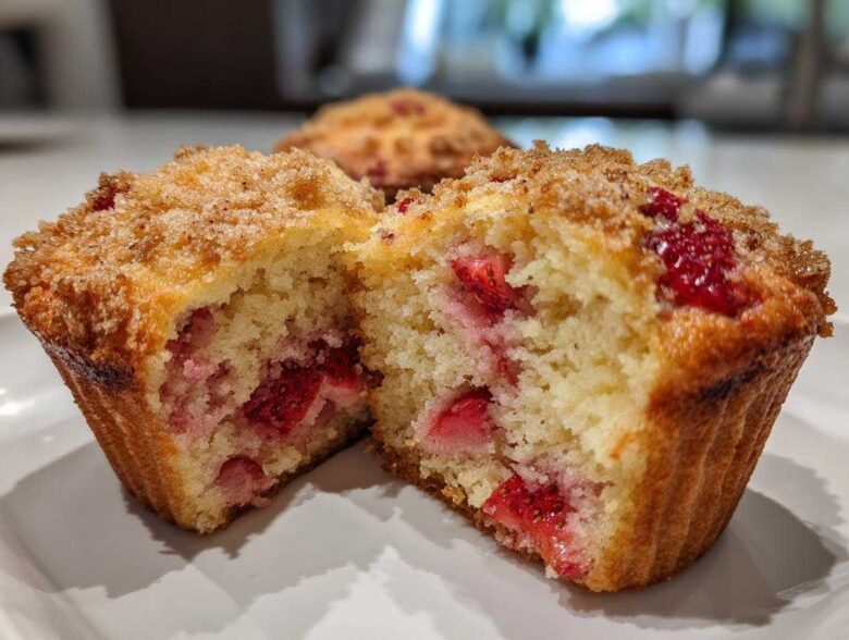 Close-up of a strawberry muffins cut in half, showing moist interior filled with fresh strawberries and a sugary streusel topping.