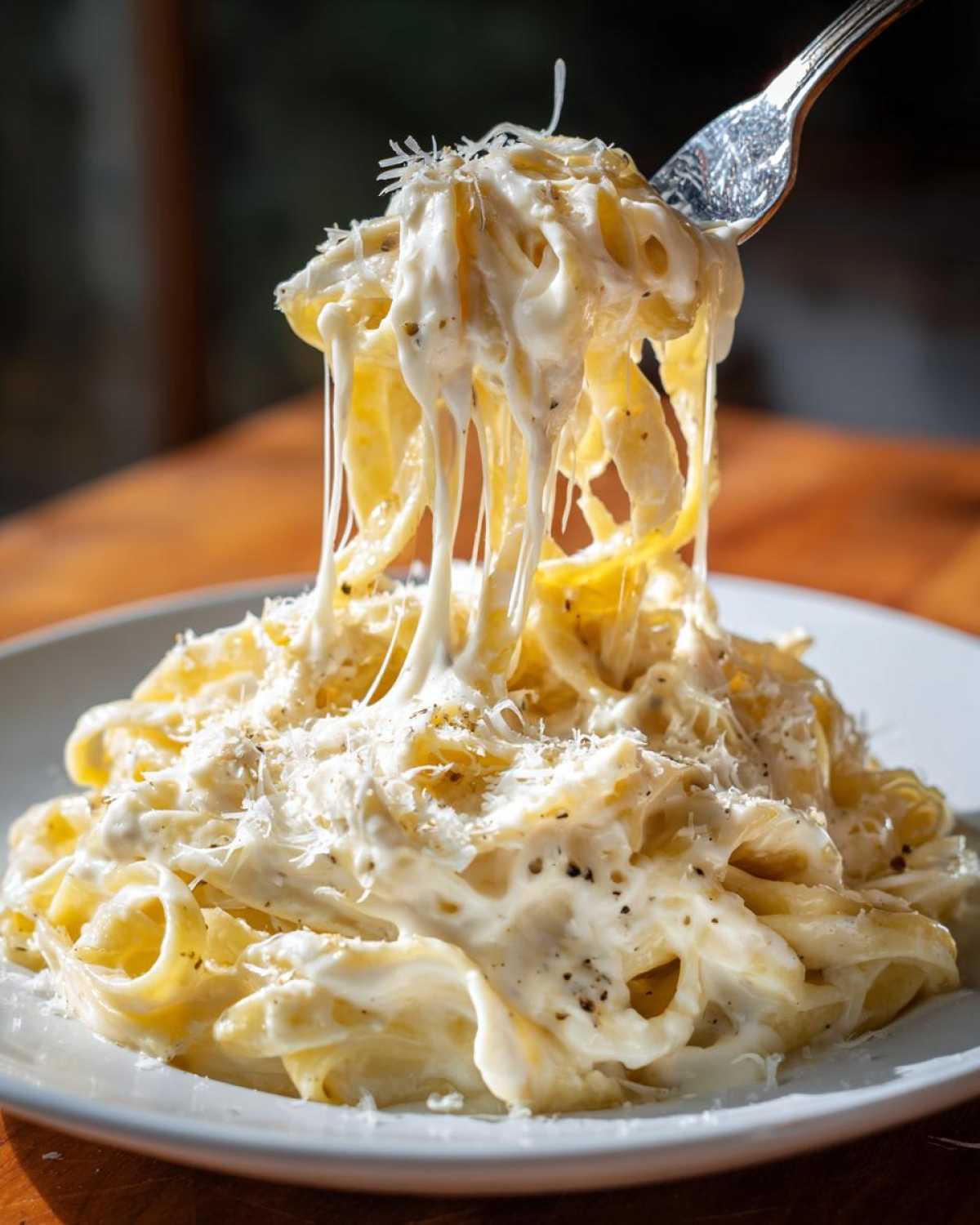 A fork lifts a bite of fettuccine noodles coated in creamy Olive Garden Alfredo Sauce, showing long cheese pulls.