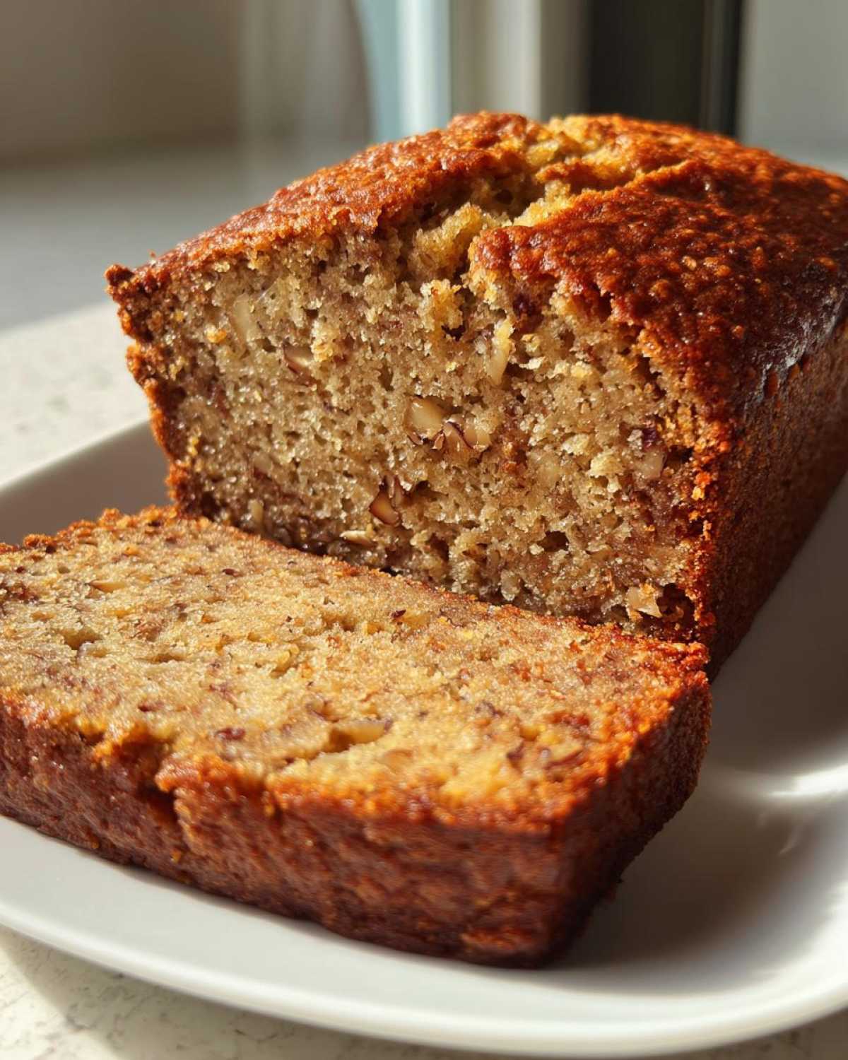Close-up of a freshly baked loaf of sugar free banana bread with one slice cut, showing nuts inside.