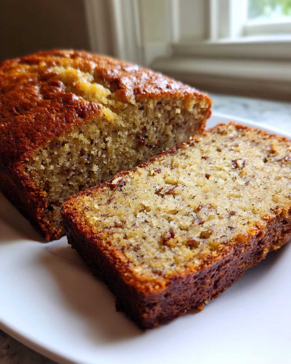 Close-up of a slice of moist sugar free banana bread next to the loaf on a white plate.