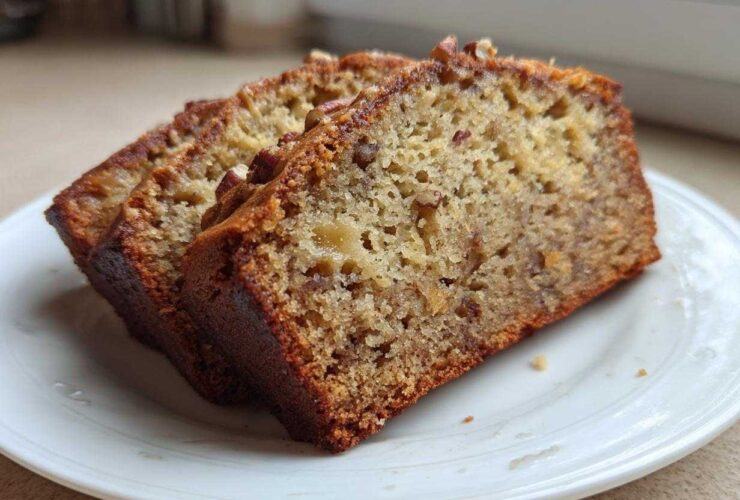 Two thick slices of moist sugar free banana bread topped with pecans resting on a white plate.