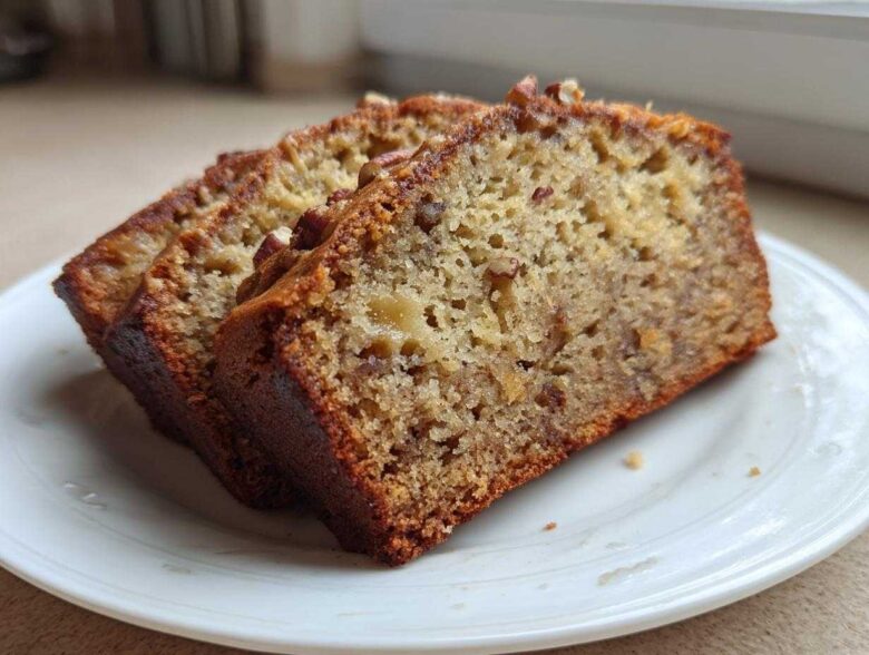 Two thick slices of moist sugar free banana bread topped with pecans resting on a white plate.