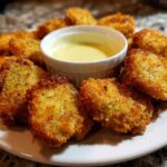 A plate of golden brown, crispy Fried Pickles arranged around a small bowl of creamy yellow dipping sauce.
