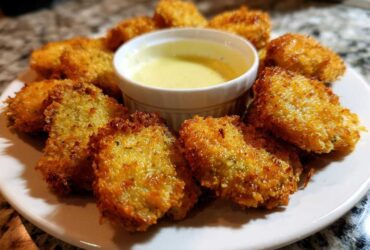 A plate of golden brown, crispy Fried Pickles arranged around a small bowl of creamy yellow dipping sauce.