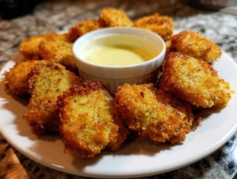 A plate of golden brown, crispy Fried Pickles arranged around a small bowl of creamy yellow dipping sauce.