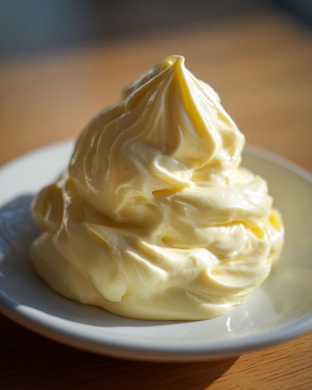 A close-up, artfully piped swirl of rich, creamy homemade mayonnaise sitting on a small white dish.