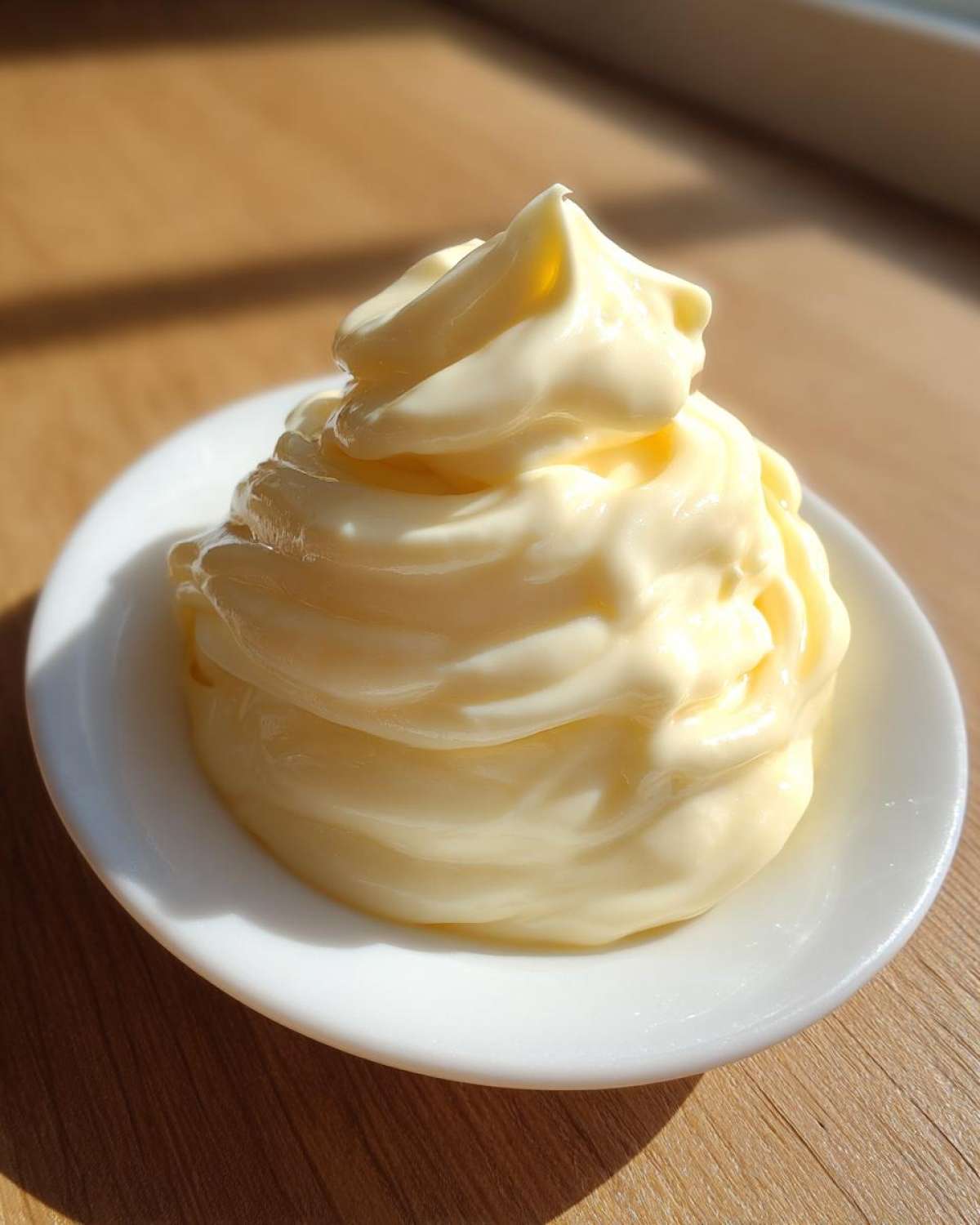 A swirl of thick, creamy homemade mayonnaise served on a small white dish.
