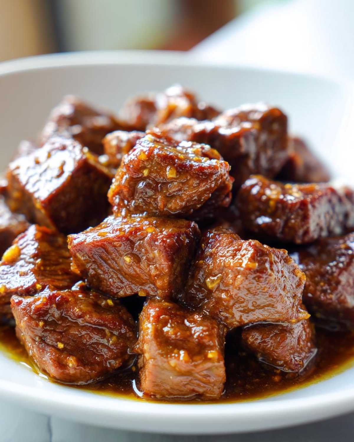 Close-up of tender, glazed cubes of crockpot steak piled high in a white bowl.