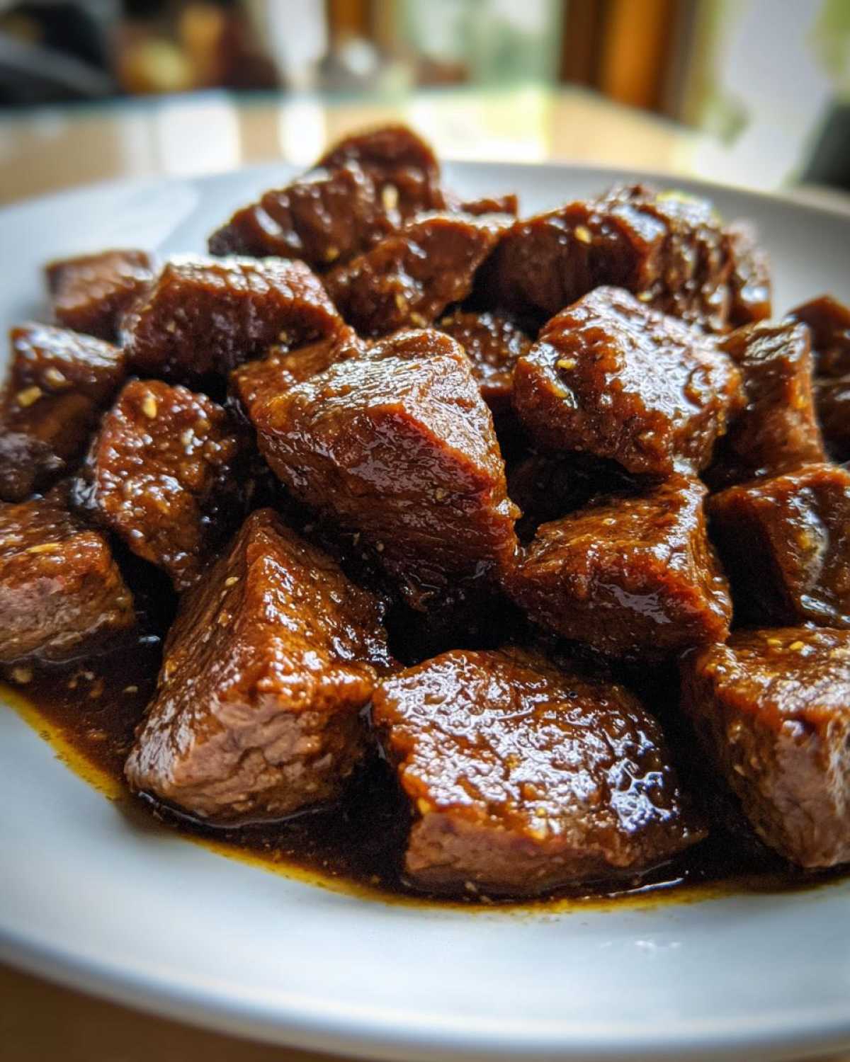 Close-up of tender, glazed cubes of crockpot steak piled on a white plate.