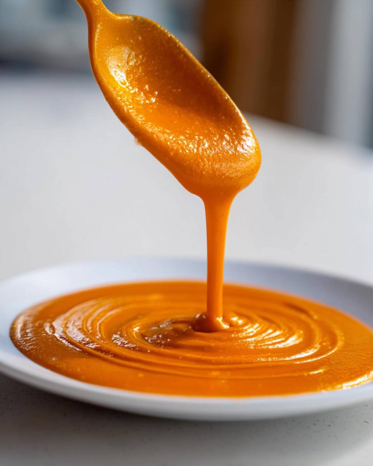 Close-up of thick, vibrant orange nacho cheese sauce dripping from a spoon onto a white plate, creating ripples.