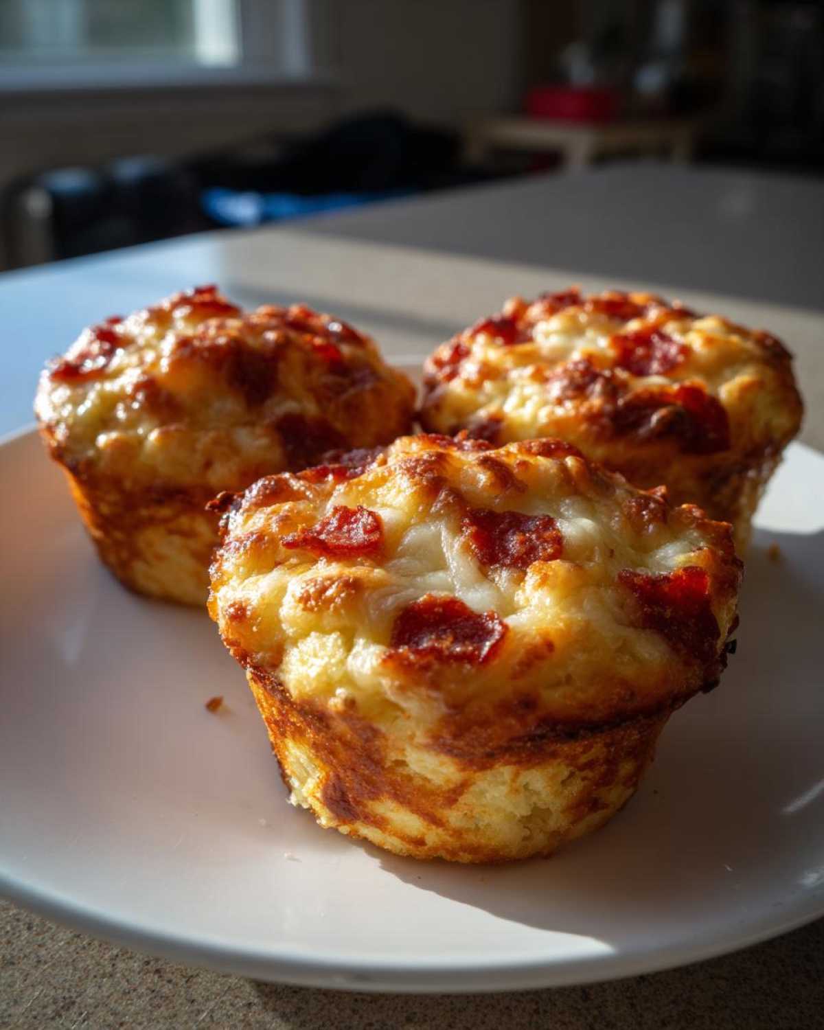 Three freshly baked pizza muffins topped with melted cheese and pepperoni slices sitting on a white plate.