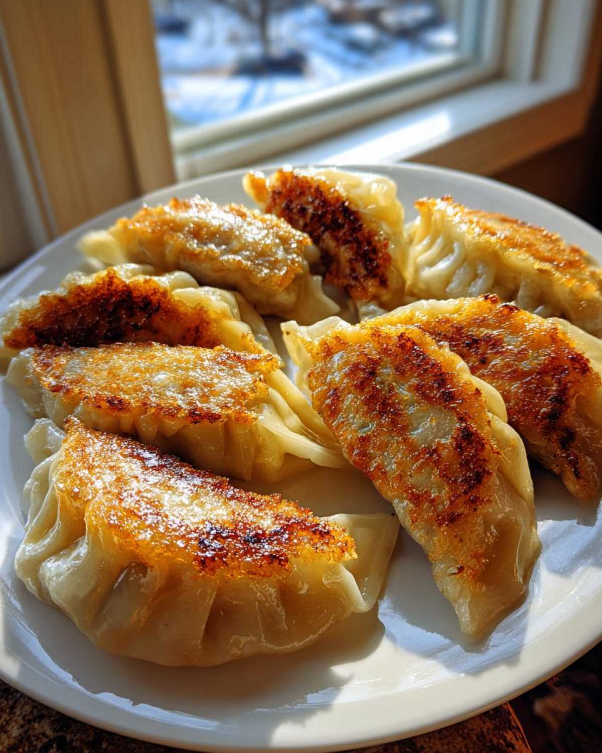 A plate of golden-brown, pan-fried Traditional Chinese Dumplings catching the sunlight near a window.