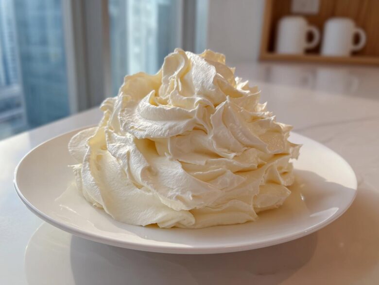 A large, perfectly piped mound of light yellow vanilla buttercream frosting sitting on a white plate.