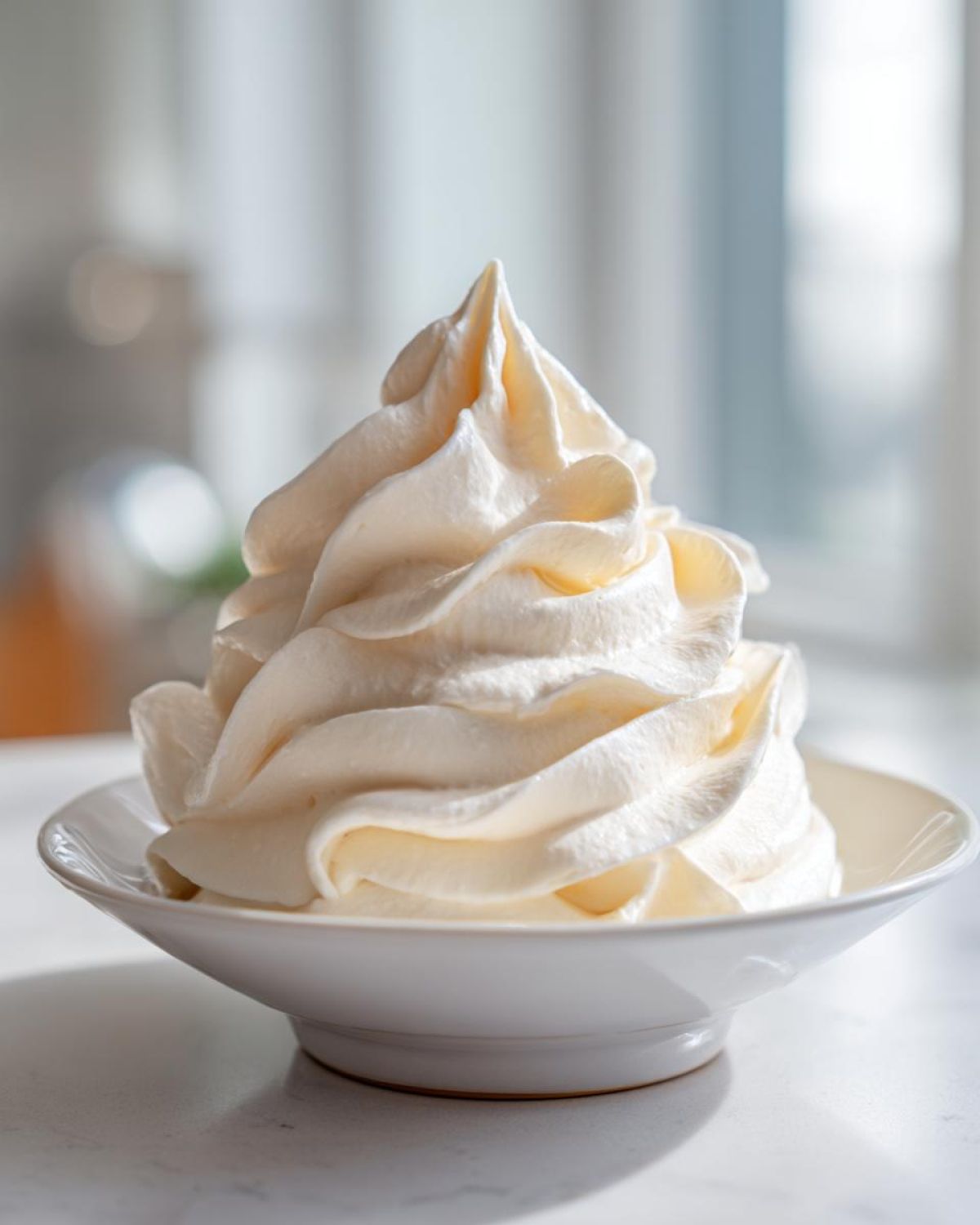 A tall, perfectly piped swirl of creamy vanilla buttercream frosting served in a small white bowl.