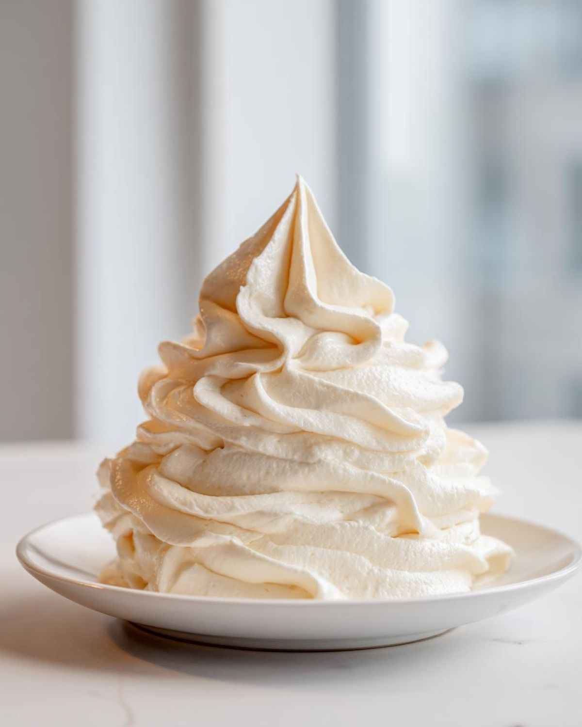 A tall, perfectly piped swirl of creamy vanilla buttercream frosting on a small white plate.