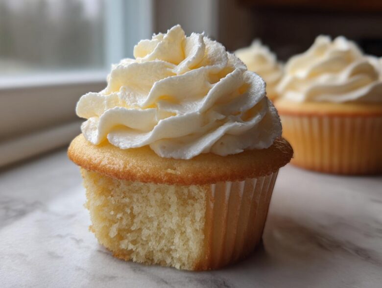 A close-up shot showing the moist crumb and generous swirl of frosting on one of the amazing vanilla cupcakes.