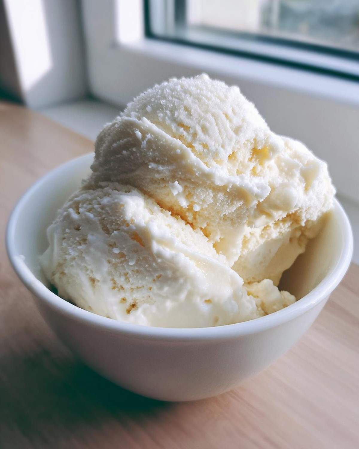 Close-up of creamy vanilla protein ice cream scoops in a small white bowl near a window.