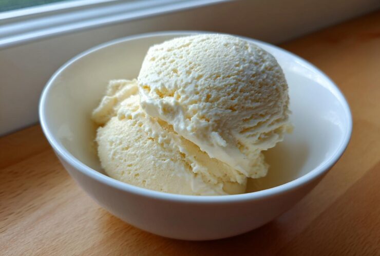 Two scoops of creamy vanilla protein ice cream served in a small white bowl on a wooden surface.
