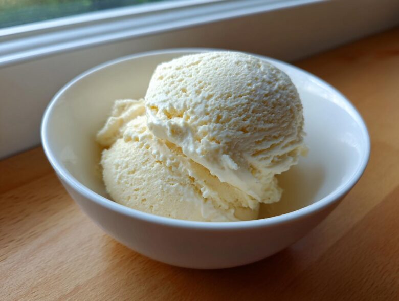 Two scoops of creamy vanilla protein ice cream served in a small white bowl on a wooden surface.
