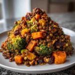 A mound of colorful veggie lentil salad featuring lentils, roasted sweet potatoes, and broccoli florets.