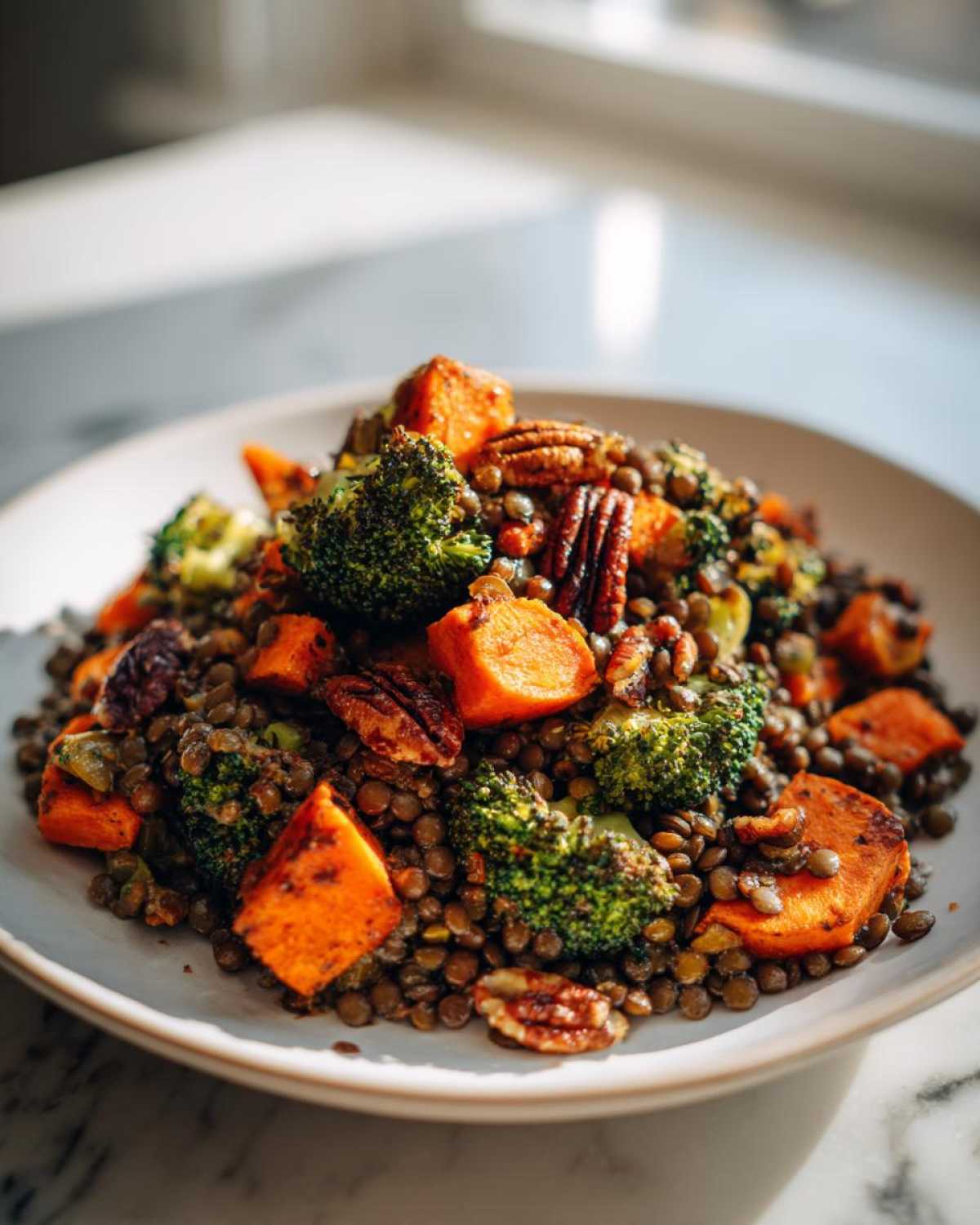 A close-up of a delicious veggie lentil salad featuring lentils, roasted sweet potatoes, broccoli florets, and pecans.