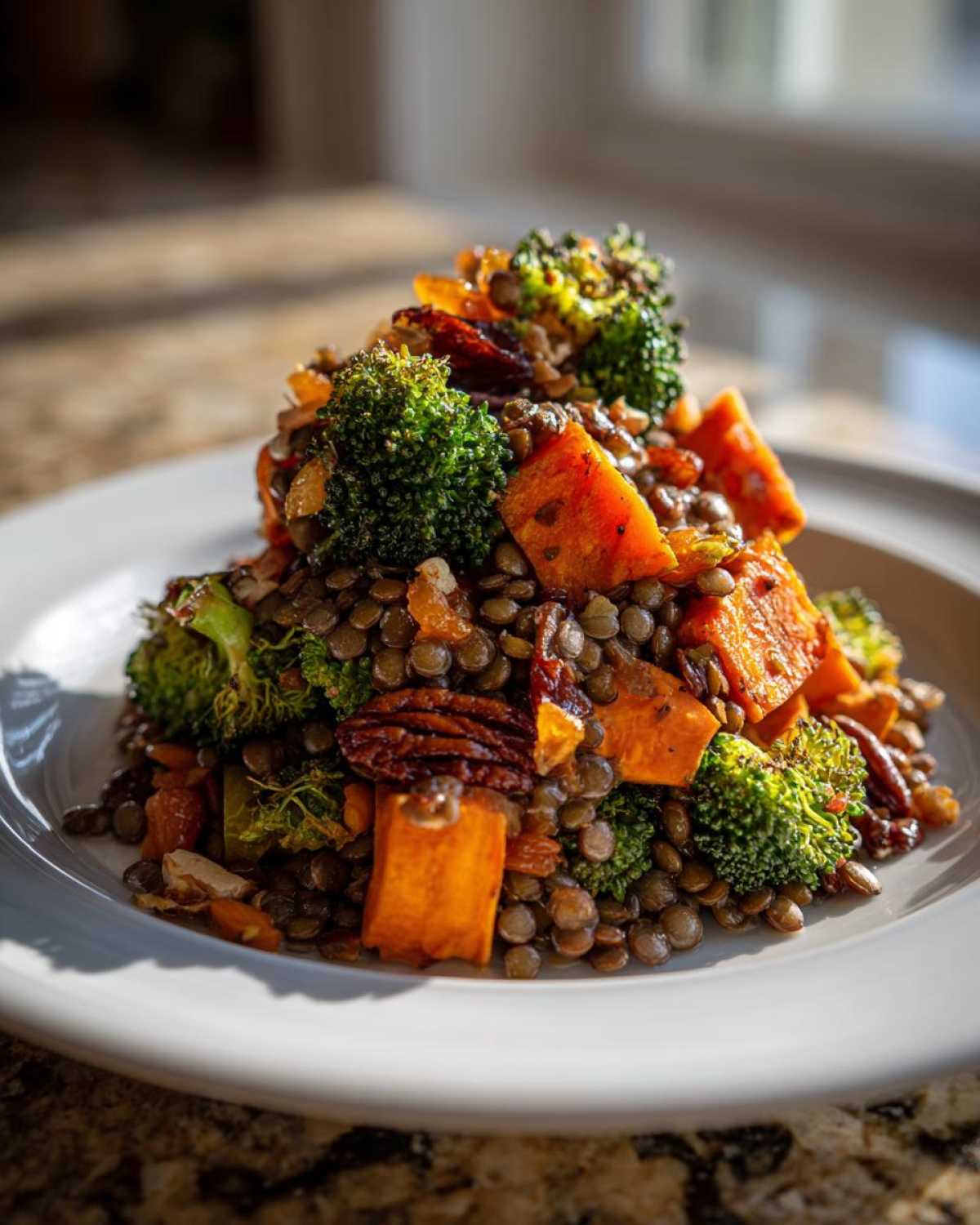 A close-up of a hearty veggie lentil salad featuring lentils, roasted sweet potato chunks, and bright green broccoli florets.