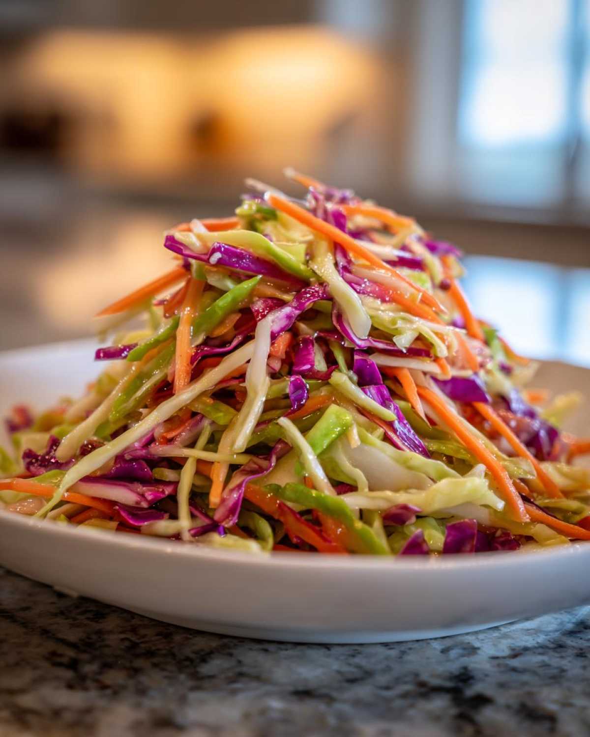 Close-up of a vibrant, freshly dressed cabbage salad featuring shredded green cabbage, red cabbage, and carrots.