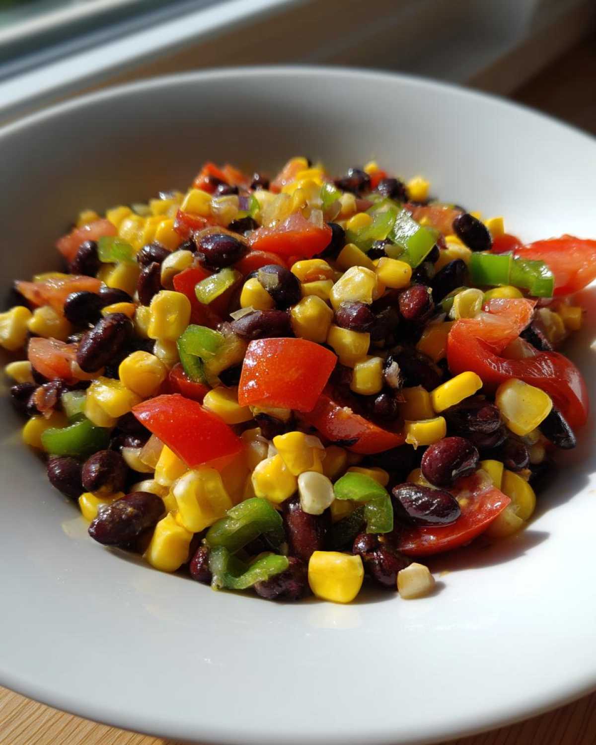 Close-up of fresh cowboy caviar featuring black beans, corn, diced tomatoes, and green peppers in a white bowl.