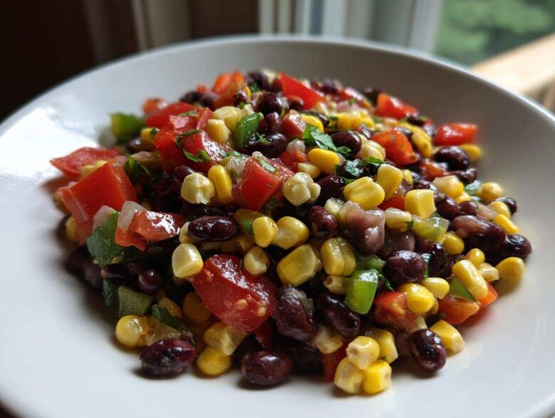 Close-up of a white bowl filled with colorful cowboy caviar featuring black beans, corn, tomatoes, and peppers.