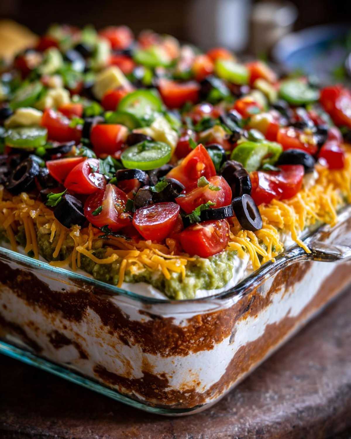 A close-up view of a vibrant Seven layer dip layered in a clear glass baking dish, topped with tomatoes, olives, and jalapeños.