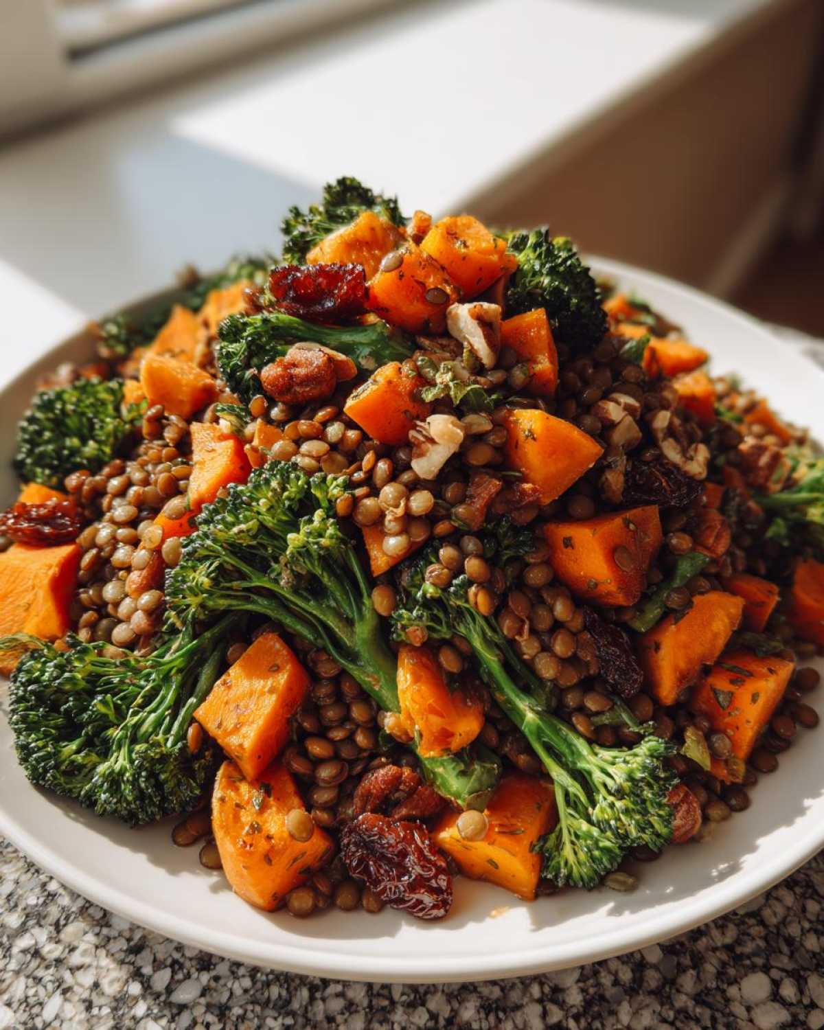 A vibrant veggie lentil salad featuring lentils, roasted sweet potato chunks, and bright green broccoli florets.