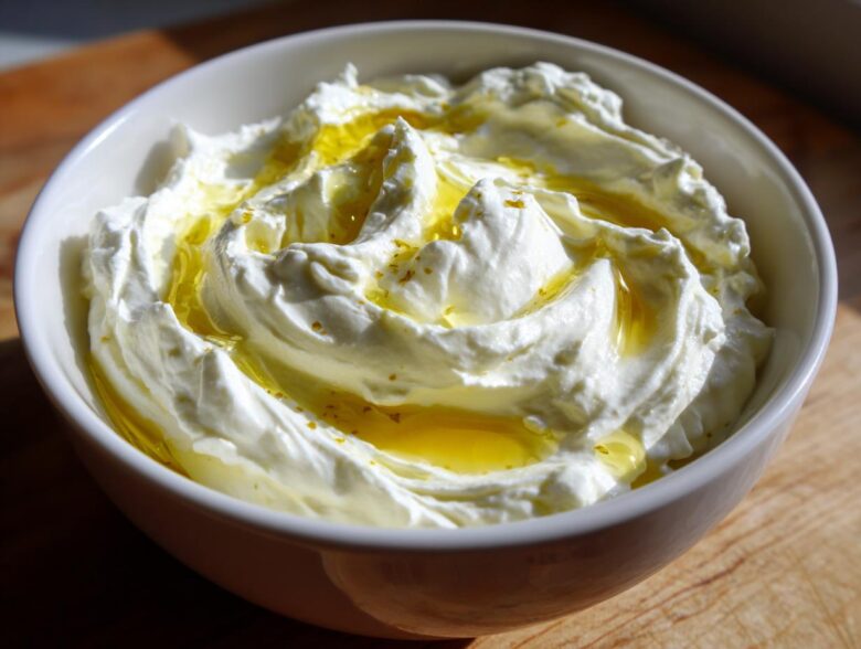 Close-up of creamy, bright white whipped feta dip topped generously with golden olive oil.