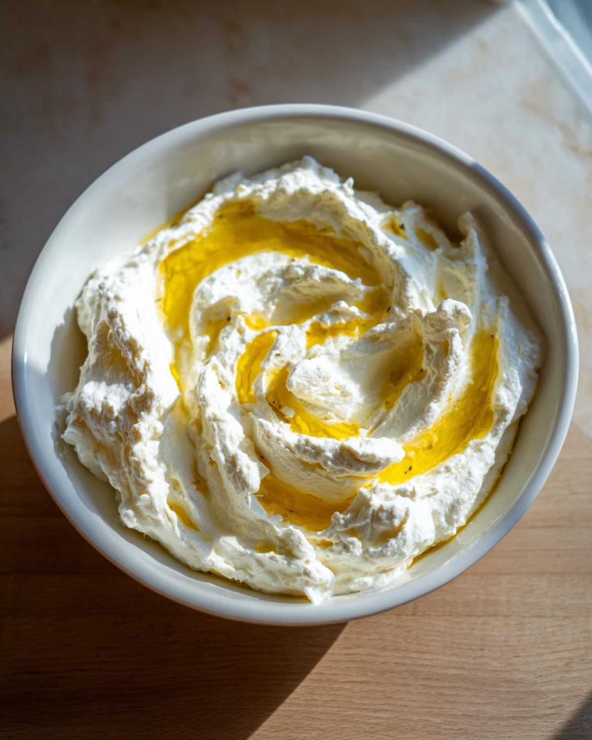 Close-up of a bowl of freshly made whipped feta dip, swirled with golden olive oil.