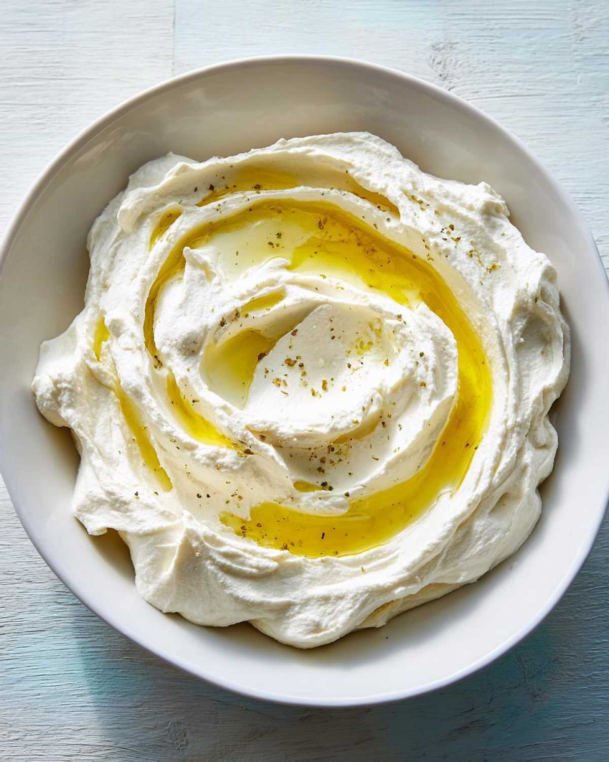 A close-up of creamy, white whipped feta dip swirled in a bowl, drizzled with olive oil and herbs.