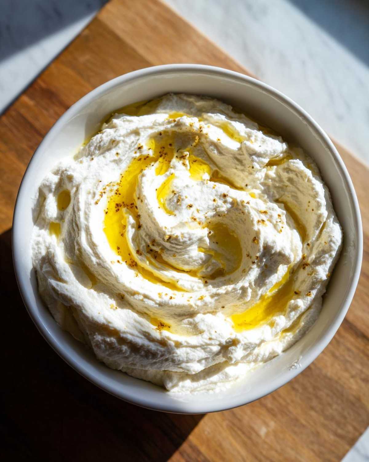 A bowl of fluffy, white whipped feta dip, swirled and topped with golden olive oil and spices.
