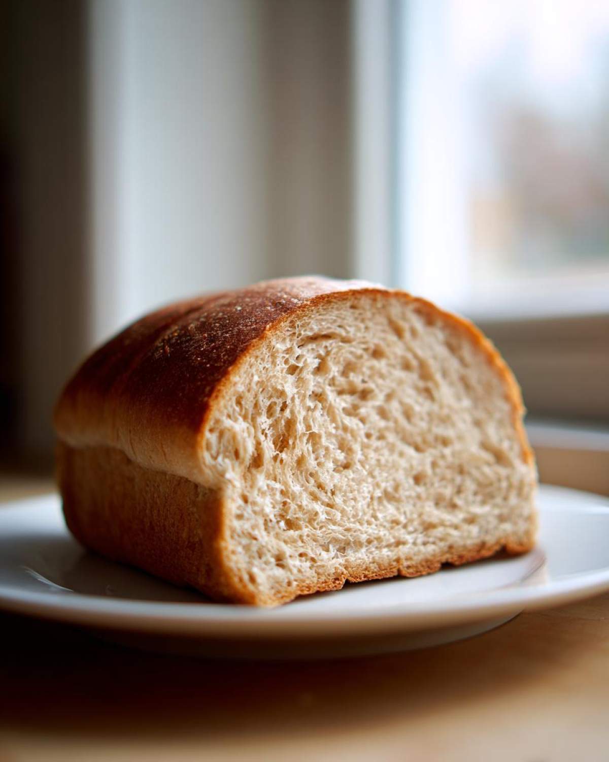 Close-up of a freshly baked whole wheat bread loaf, showing its soft interior crumb texture.