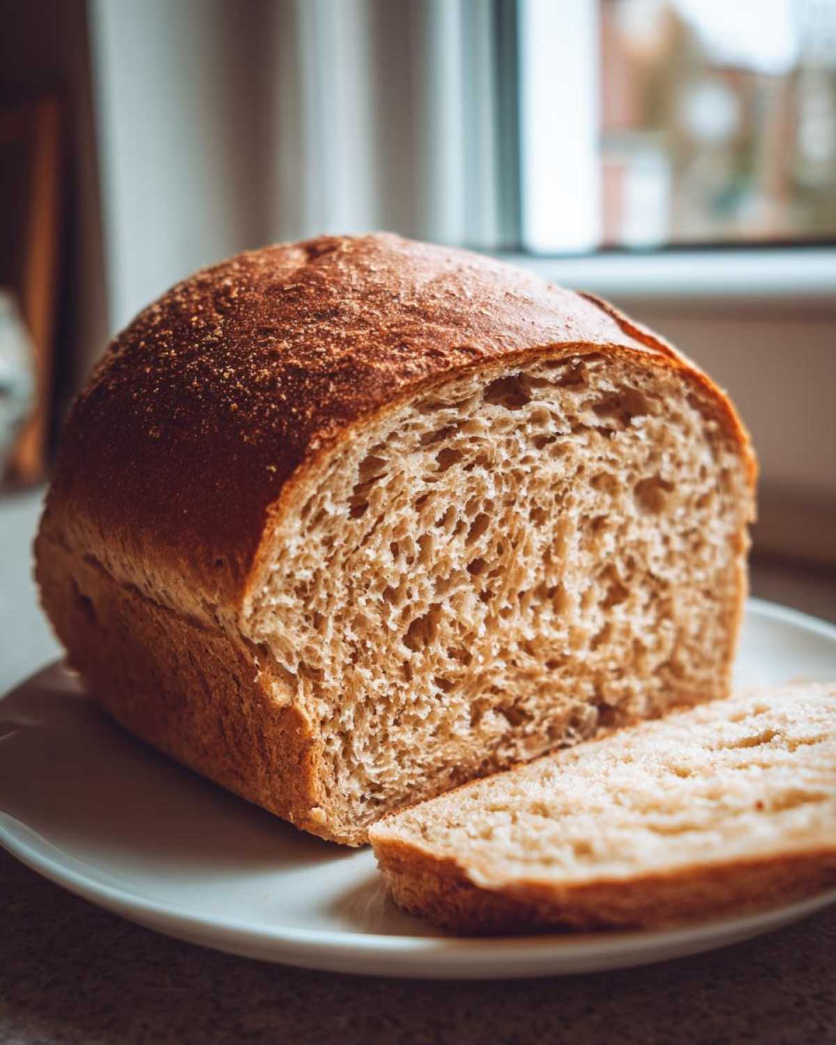 A golden-brown loaf of homemade whole wheat bread, partially sliced, resting on a white plate.