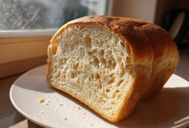 Two thick slices of freshly baked whole wheat bread showing a soft, airy crumb texture on a white plate.
