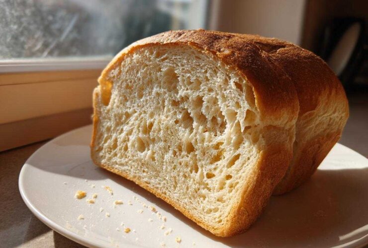 Two thick slices of freshly baked whole wheat bread showing a soft, airy crumb texture on a white plate.