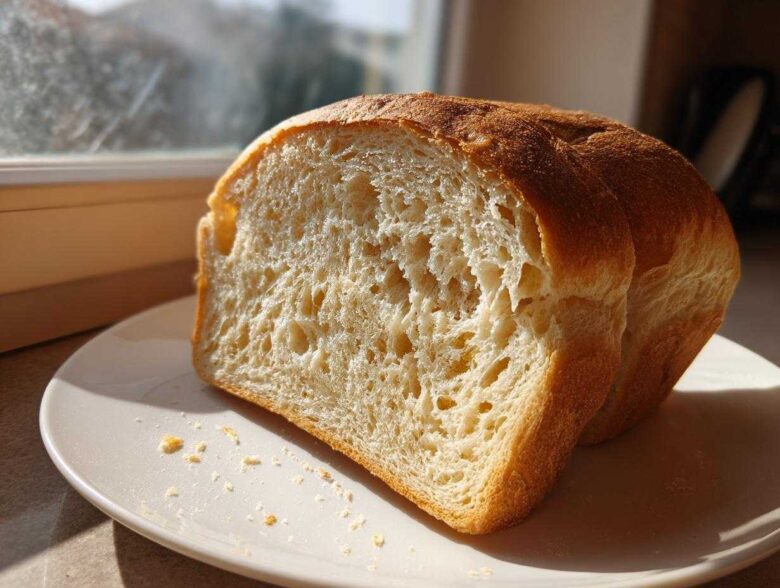 Two thick slices of freshly baked whole wheat bread showing a soft, airy crumb texture on a white plate.