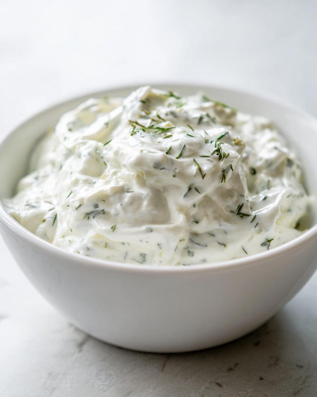 A close-up of creamy 5-Minute Greek Yogurt Ranch Dip, garnished with fresh dill, served in a white bowl.
