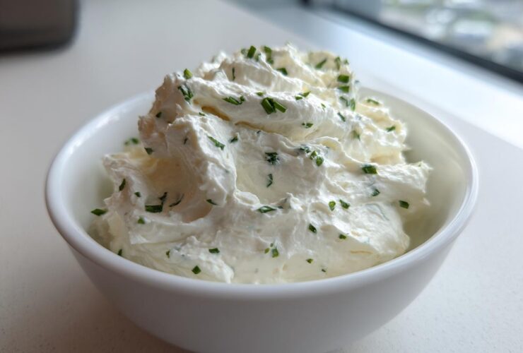 A white bowl filled with fluffy 5-Minute Greek Yogurt Ranch Dip, topped with fresh chopped chives.