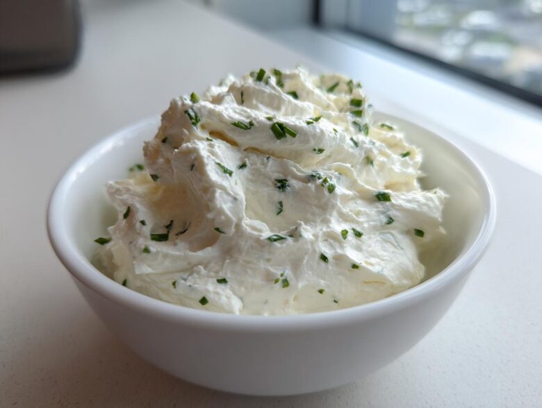 A white bowl filled with fluffy 5-Minute Greek Yogurt Ranch Dip, topped with fresh chopped chives.