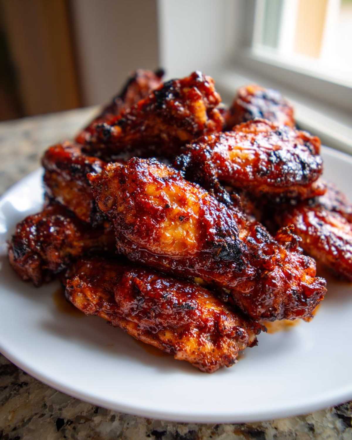 A close-up of a pile of sticky, caramelized Air Fryer BBQ Chicken Wings on a white plate.