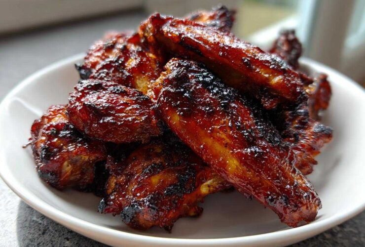A close-up of a white bowl filled with crispy, glazed Air Fryer BBQ Chicken Wings.