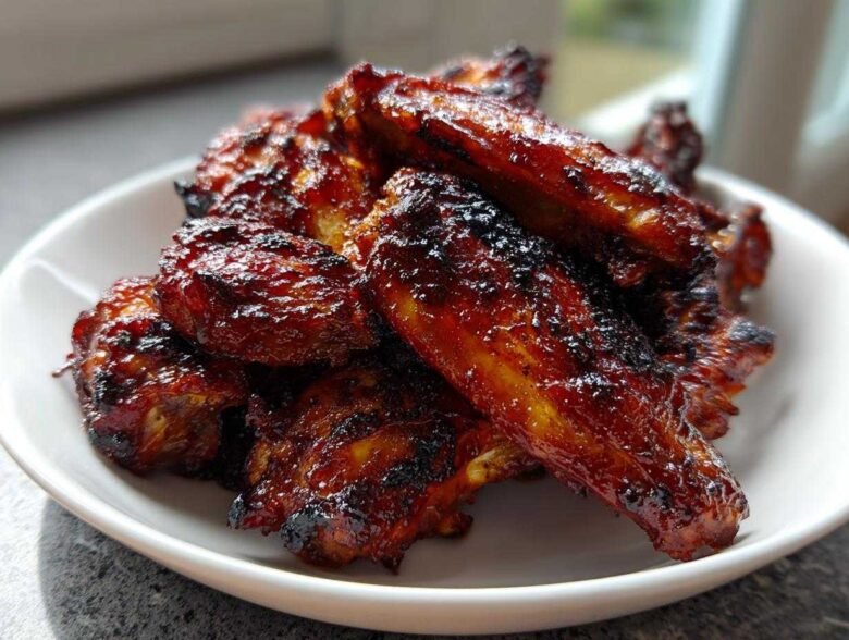 A close-up of a white bowl filled with crispy, glazed Air Fryer BBQ Chicken Wings.